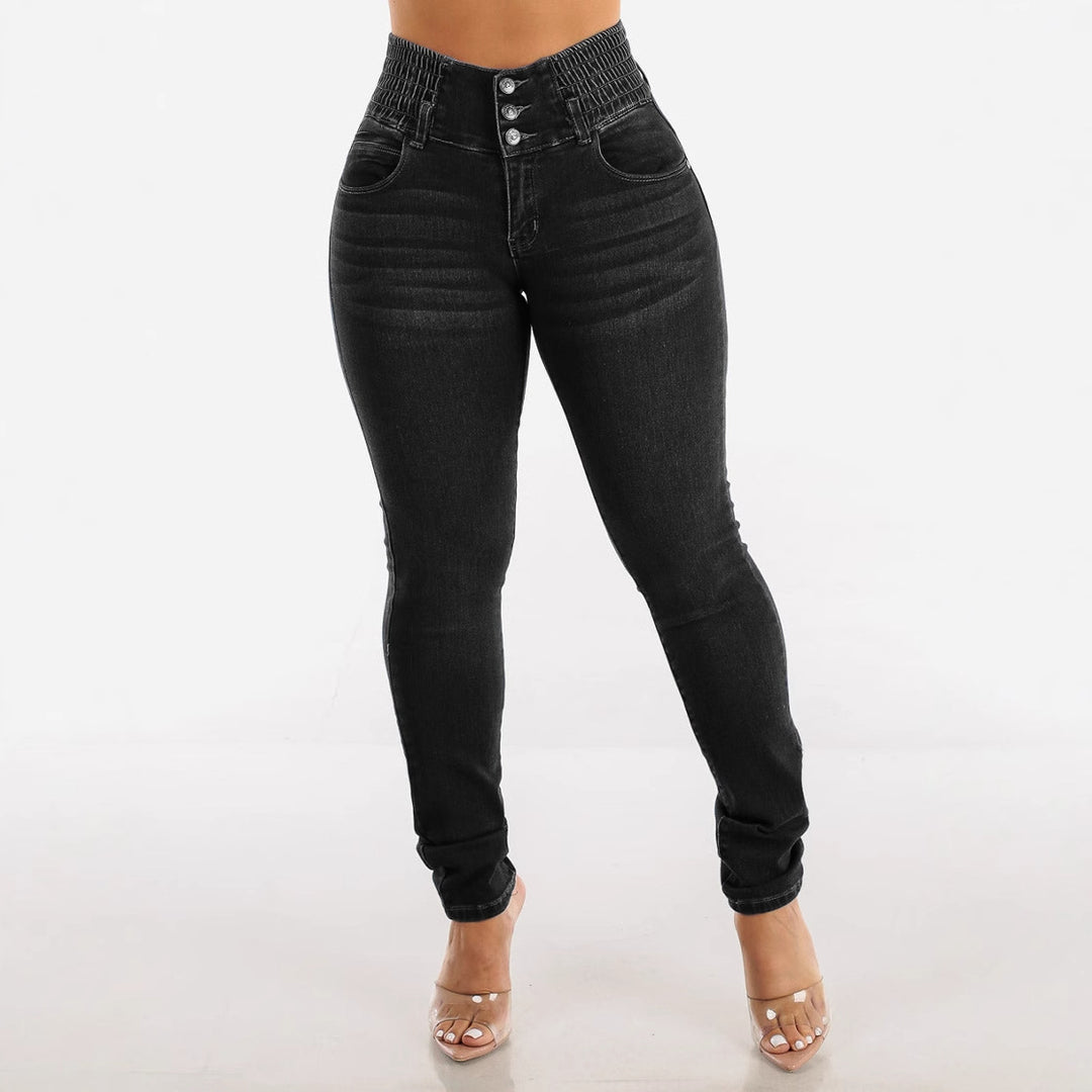 Women High-Waisted Jeans with Elastic Waistband and Button Details Lisslune