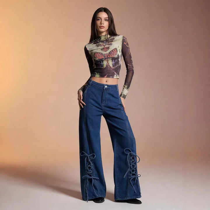 Damen Schlagjeans mit trendigem Schnürdetail und weitem Bein Lisslune