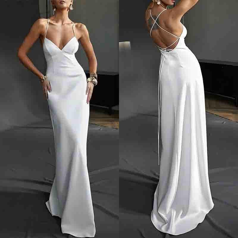 Ladies Elegant Evening Dress with Deep V-Neckline and Strapless Shoulders