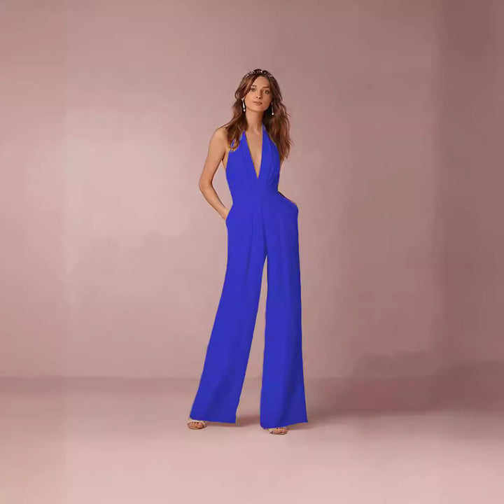 Ladies Elegant Jumpsuit with Deep V-Neck and Wide Leg Lisslune