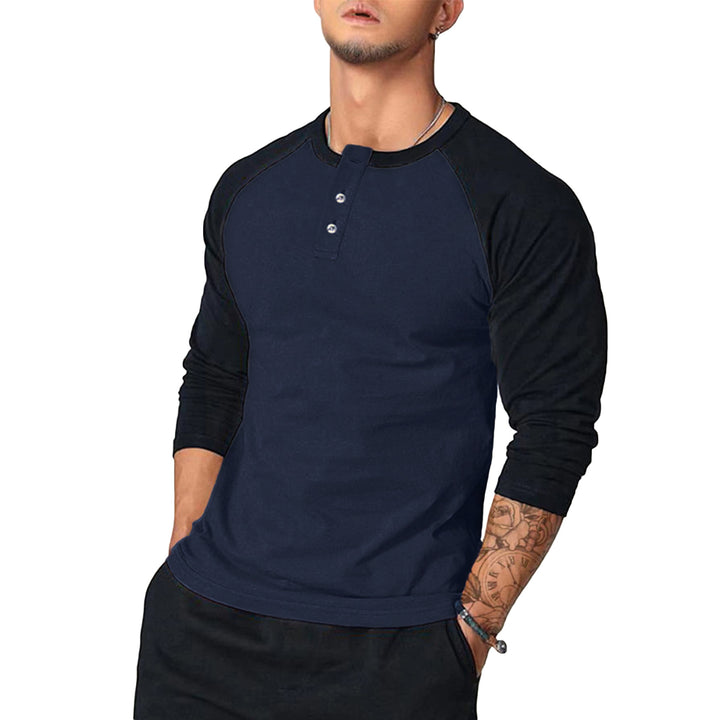 Men's Long Sleeve Henley Shirt with Contrast Sleeves Lisslune