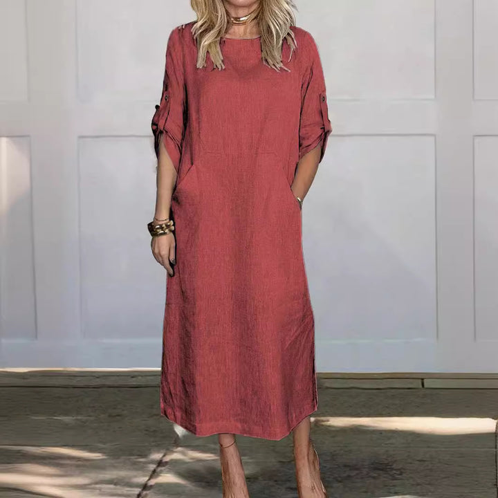 Women's Casual Linen Midi Dress with Side Pockets and Roll-Up Sleeves Lisslune