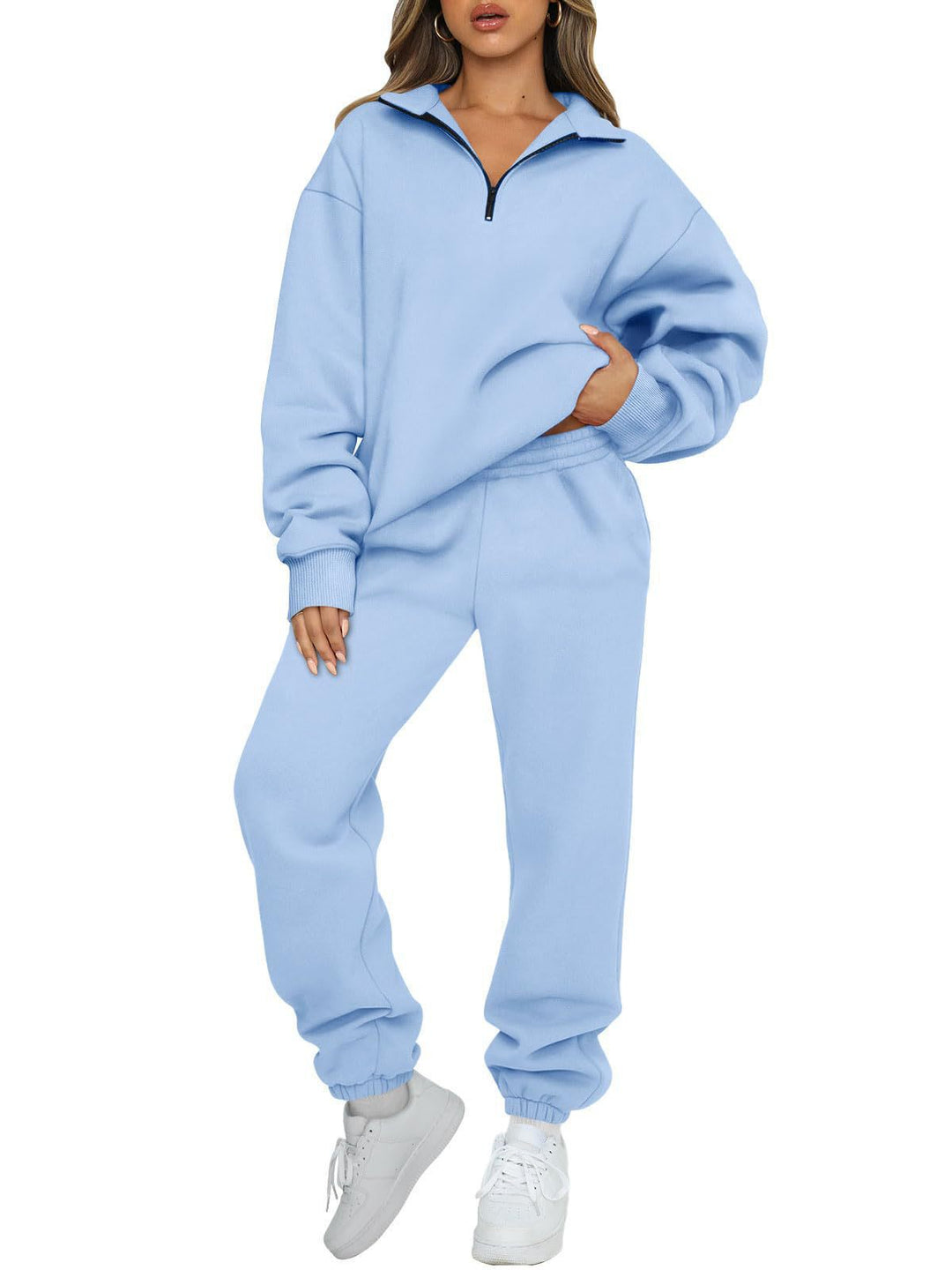 Women's comfortable sweatpants set with modern stand-up collar and kangaroo pocket Lisslune