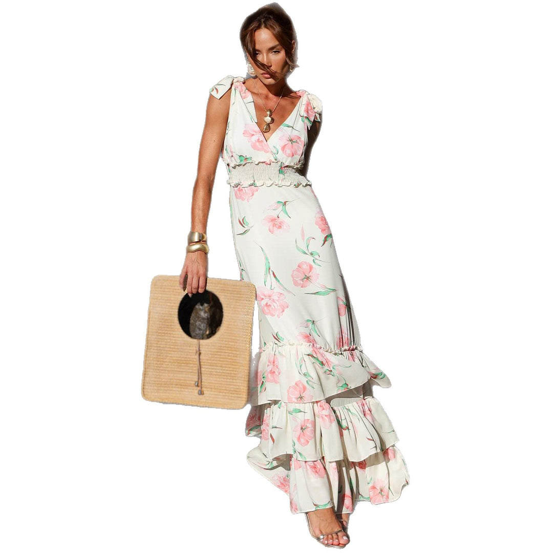 Women’s maxi dress with floral ruffles and flowing hem