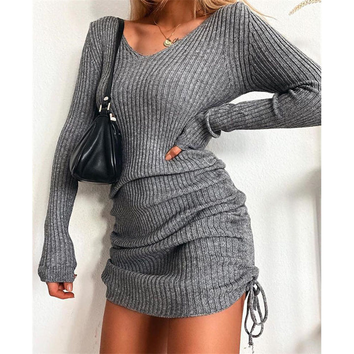 Damen Strick Mini-Kleid mit Raffung und V-Ausschnitt Lisslune