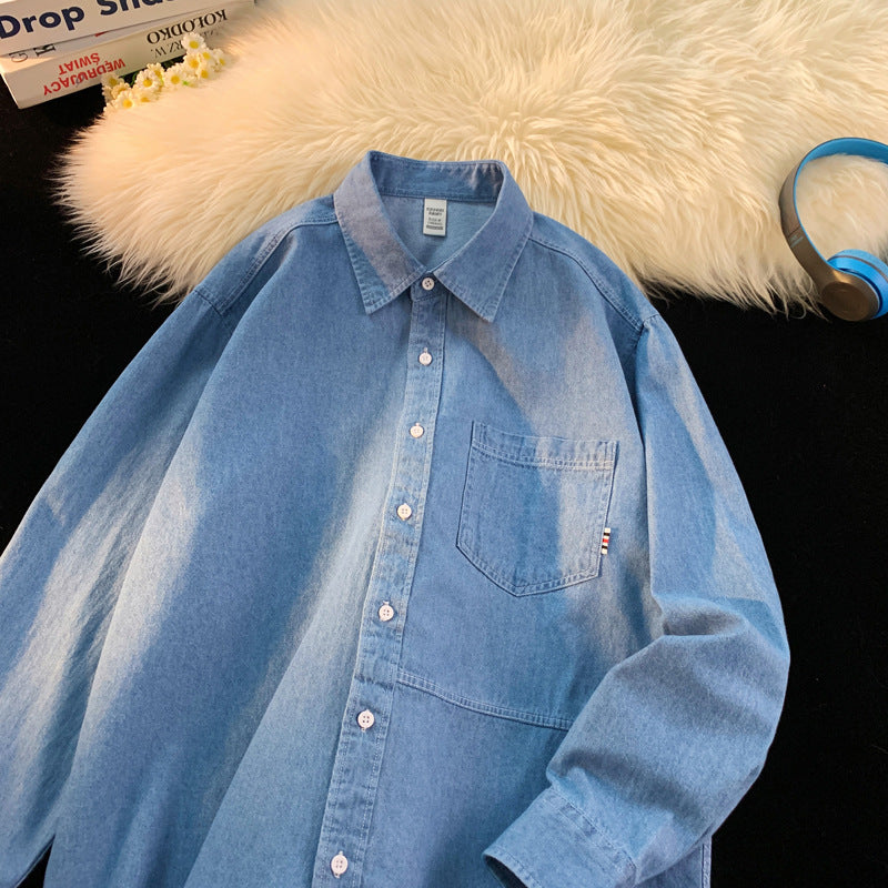 Men's Denim Long Sleeve Shirt with Classic Button-Down Collar Lisslune