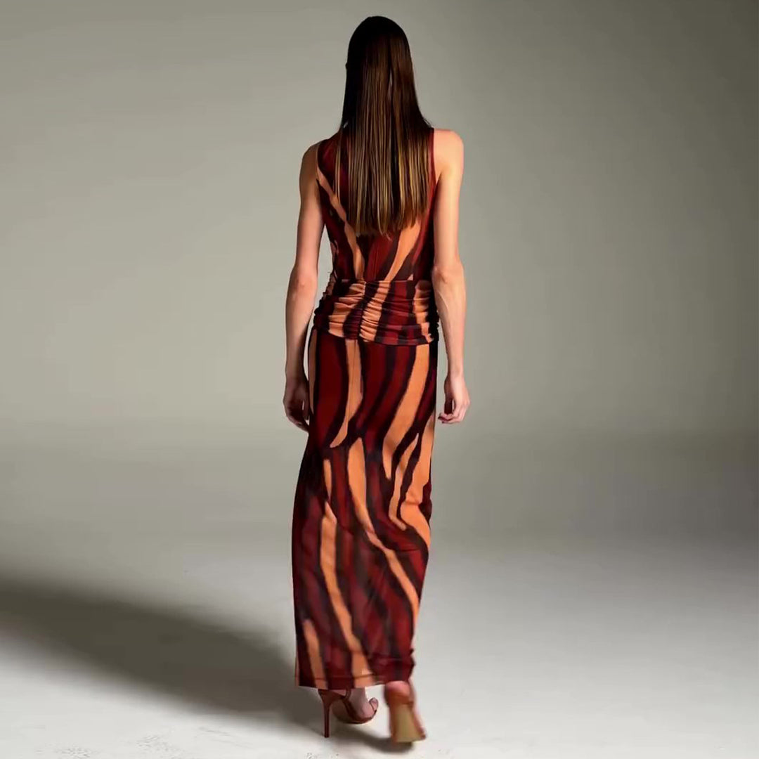 Ladies elegant maxi dress with unique stripe pattern and high collar