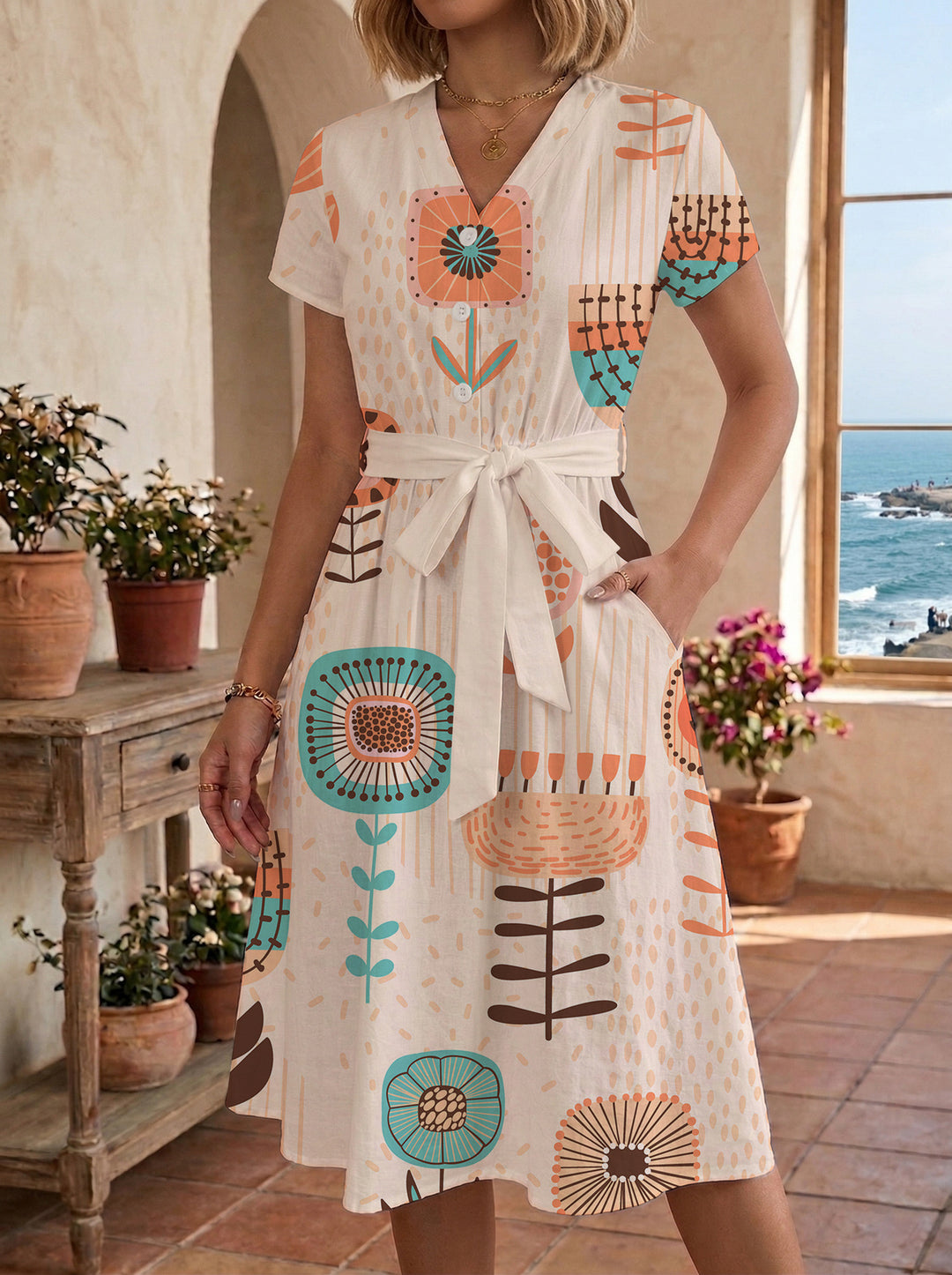 Women’s midi dress with colorful floral design and adjustable tie belt Lisslune