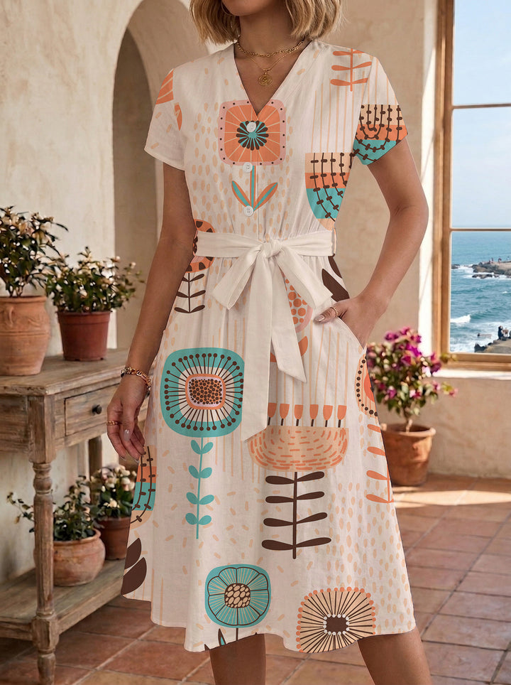 Women’s midi dress with colorful floral design and adjustable tie belt Lisslune
