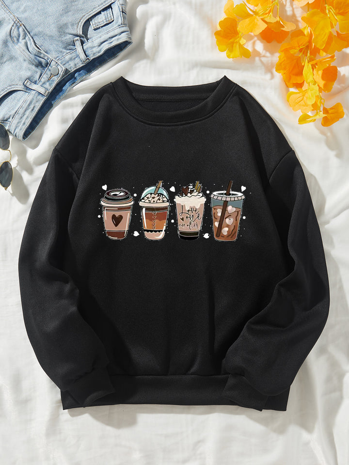 Women's Cozy Sweatshirt with Coffee Motif Lisslune