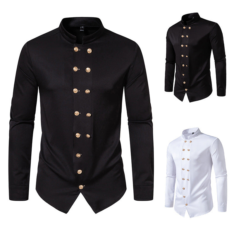 Men's Long Sleeve Shirt with Traditional Stand Collar and Decorative Buttons Lisslune