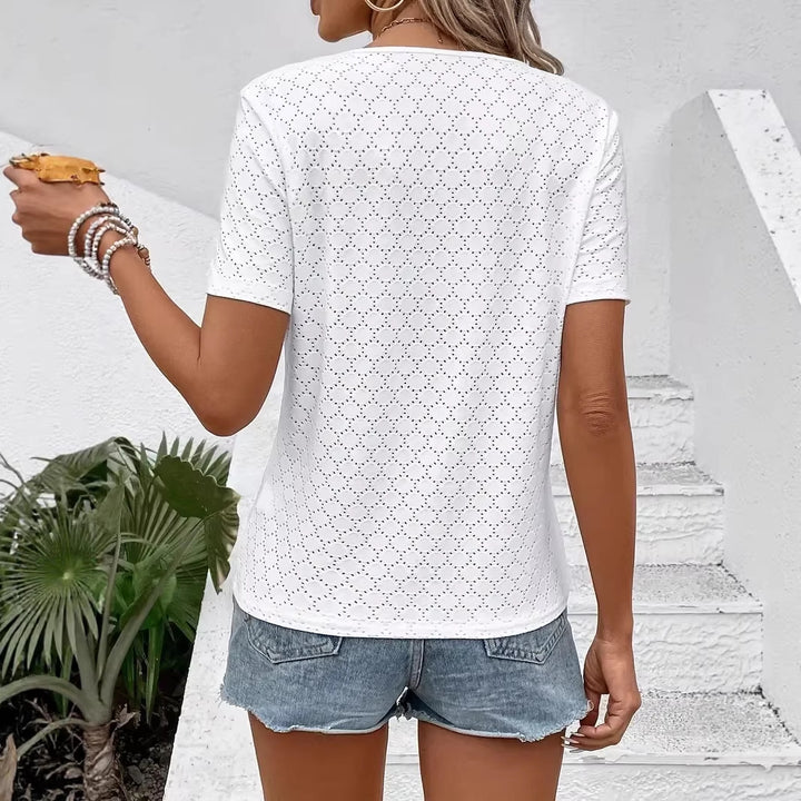 Women V-neck Short Sleeve Shirt with Textured Design Lisslune