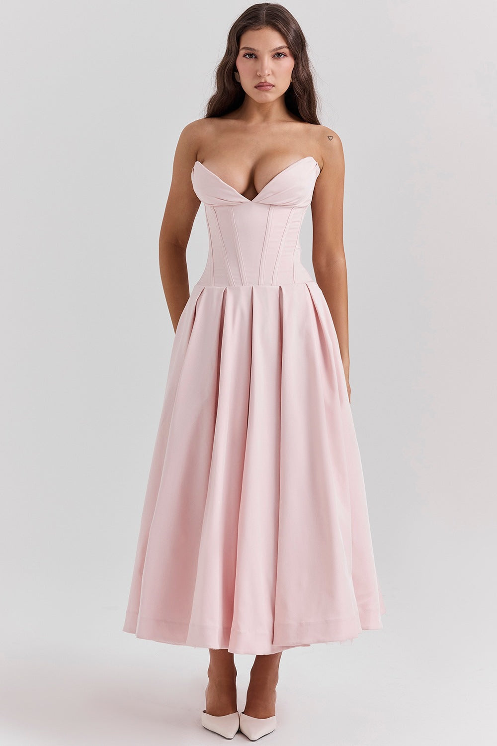 Women's A-line evening dress with corset top and flared skirt