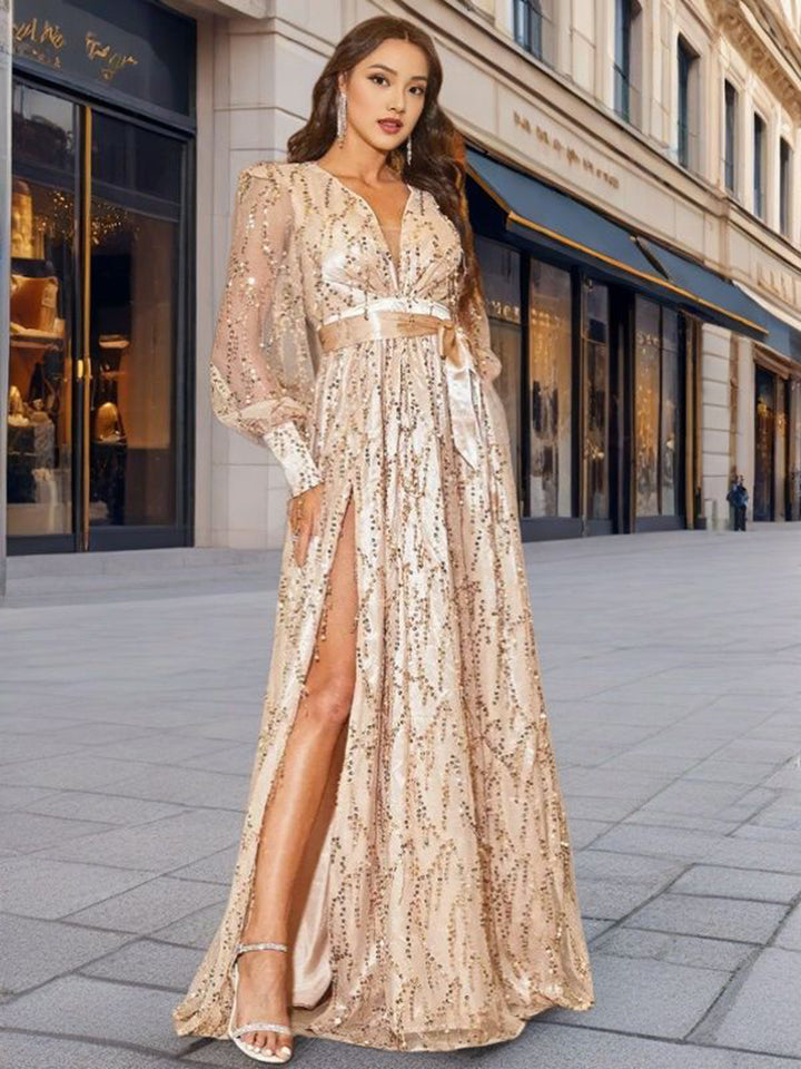 Ladies Glamorous Evening Dress with Shimmering Sequins and Deep Slit