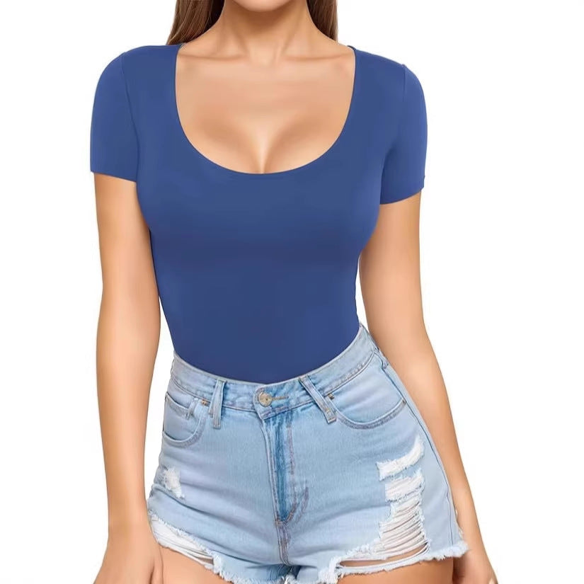 Damen figurbetontes Kurzarm-Body mit rundem Ausschnitt und nahtlosem Design Lisslune