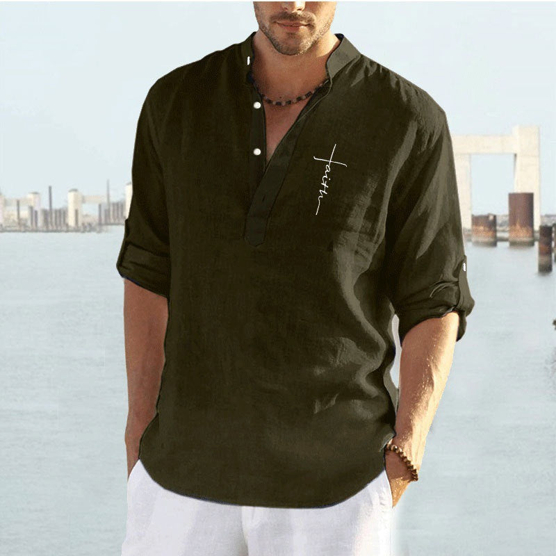 Men's linen shirt with modern stand-up collar and high-quality embroidery Lisslune