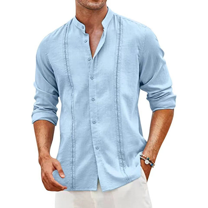 Men's Long Sleeve Linen Shirt with Stand Collar and Fine Embroidery Details Lisslune