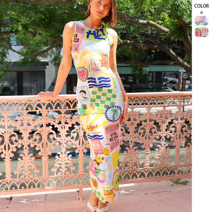Ladies midi dress with colorful graphic print and figure-hugging cut Lisslune