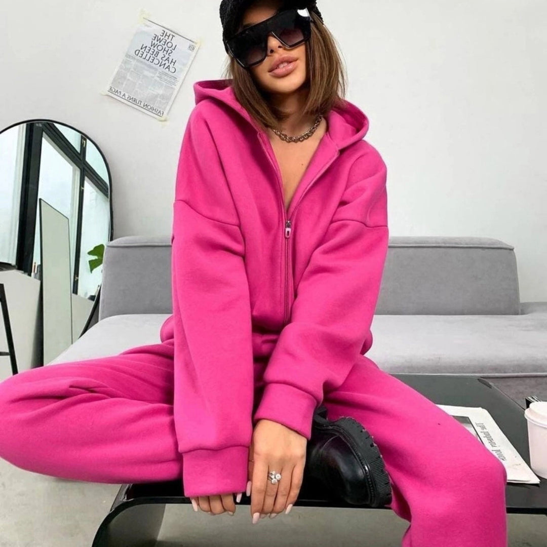 Women's sporty fleece jumpsuit with hood and zipper Lisslune
