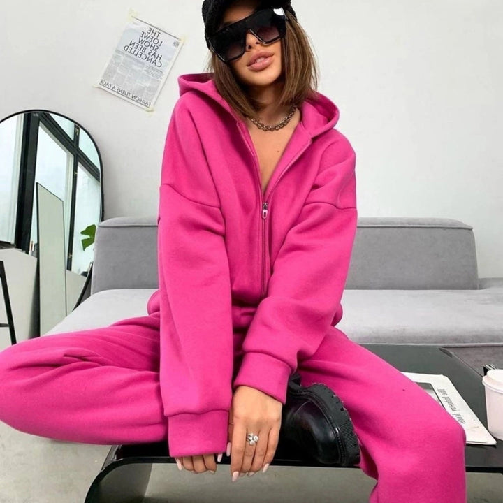 Women's sporty fleece jumpsuit with hood and zipper Lisslune