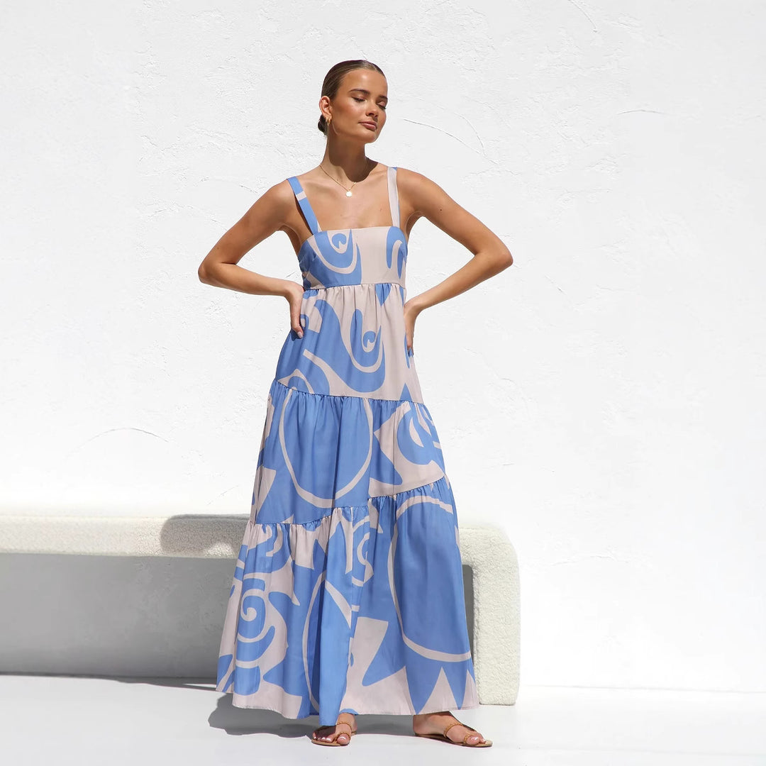 Ladies maxi dress with modern graphic pattern and airy ruffles