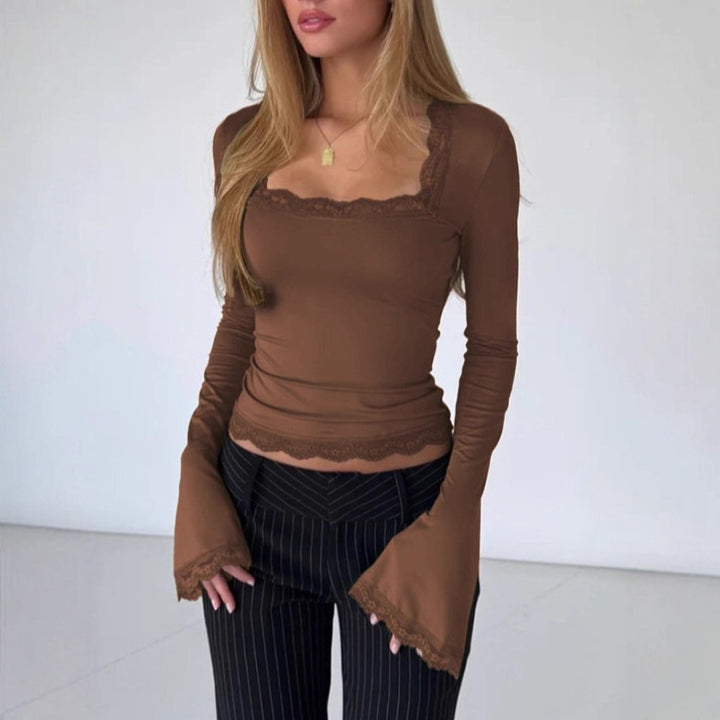Women Long Sleeve Shirt with Delicate Lace Trim Lisslune