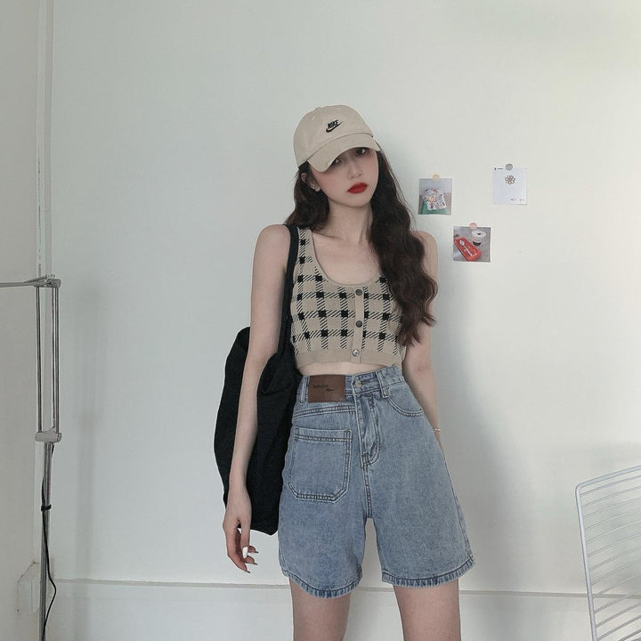 Women's Cropped Top with Check Pattern and Button Detail Lisslune