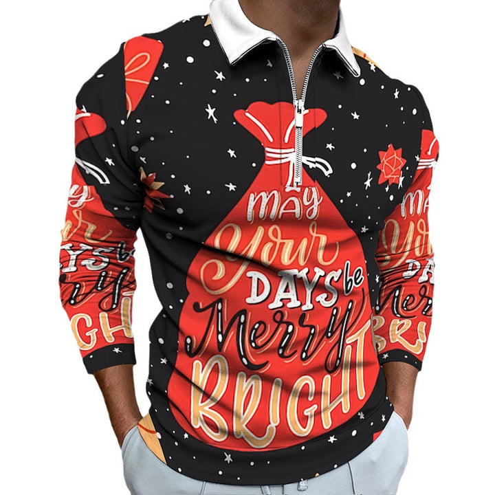Men's Long Sleeve Polo Shirt with Festive Christmas Motif Lisslune