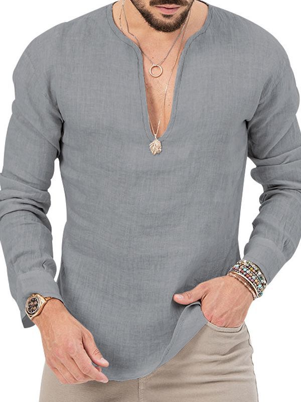 Men's linen shirt with deep V-neck and stylish cut Lisslune