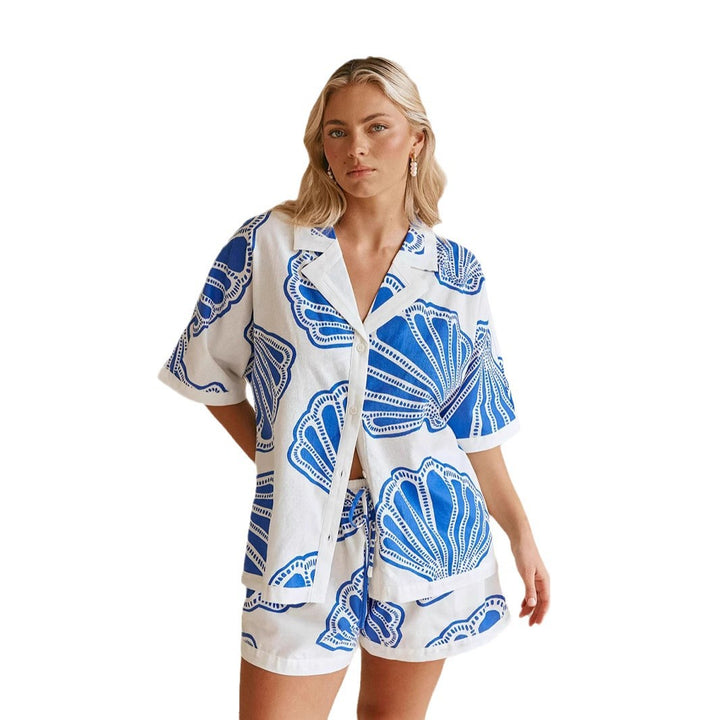 Women's Summer Short Sleeve Set with Maritime Shell Design and Loose Fit