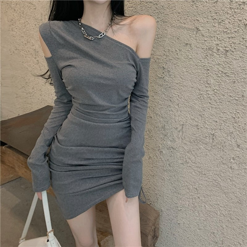 Women's Elegant Mini Dress with Asymmetrical Neckline and Figure-Hugging Gathering Effect