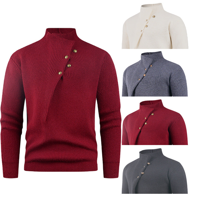 Men's knitted sweater with asymmetric collar and decorative wooden buttons Lisslune