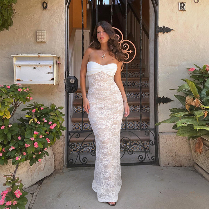 Ladies Corset Maxi Dress with sophisticated lace pattern and strapless design Lune London