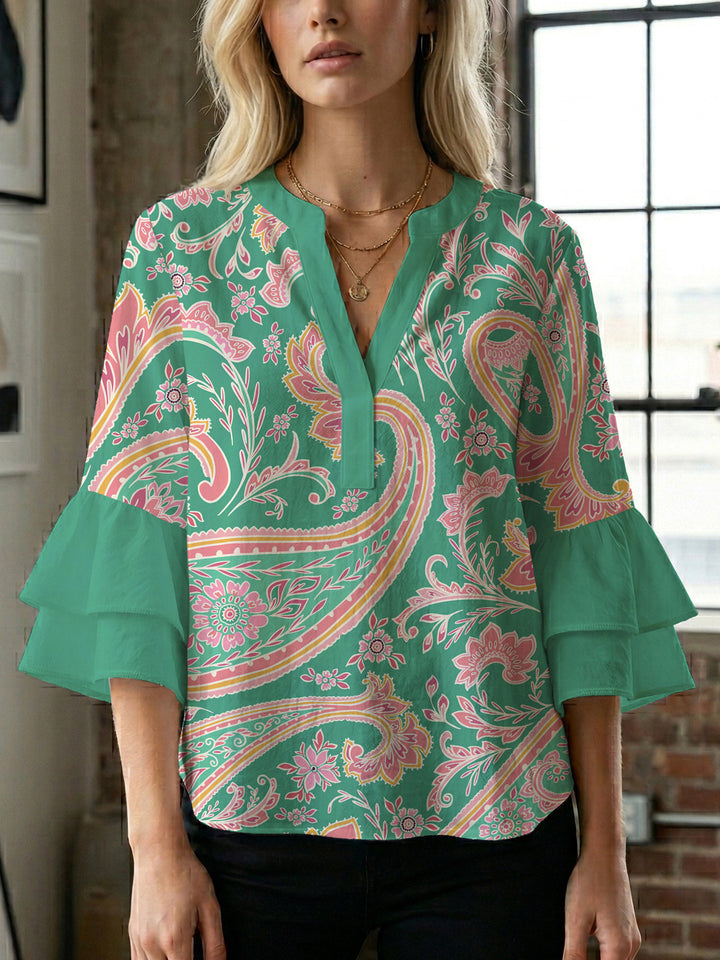 Ladies elegant top with voluminous ruffle hems and floral design Lisslune