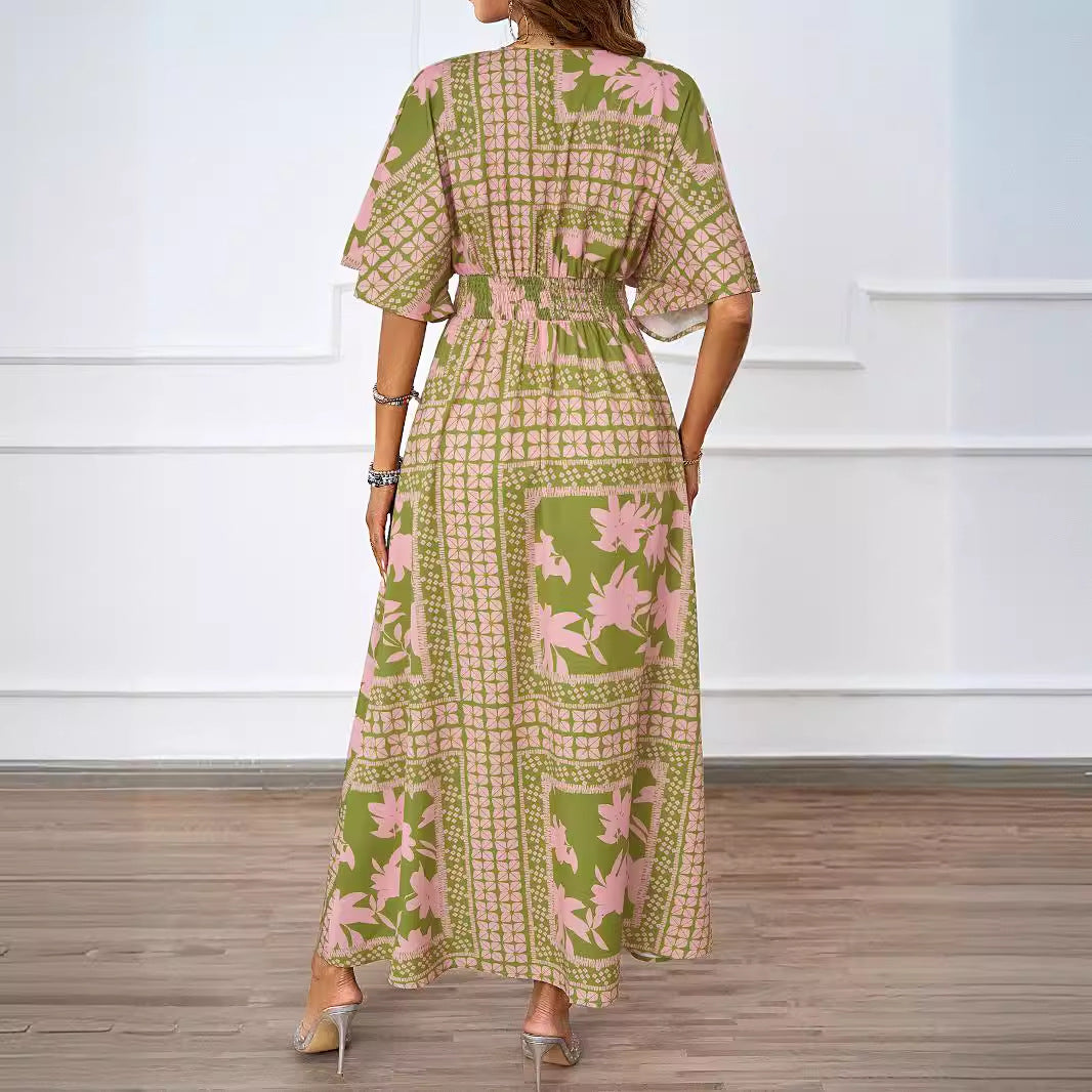 Ladies airy maxi dress with deep V-neckline and elegant ruffles