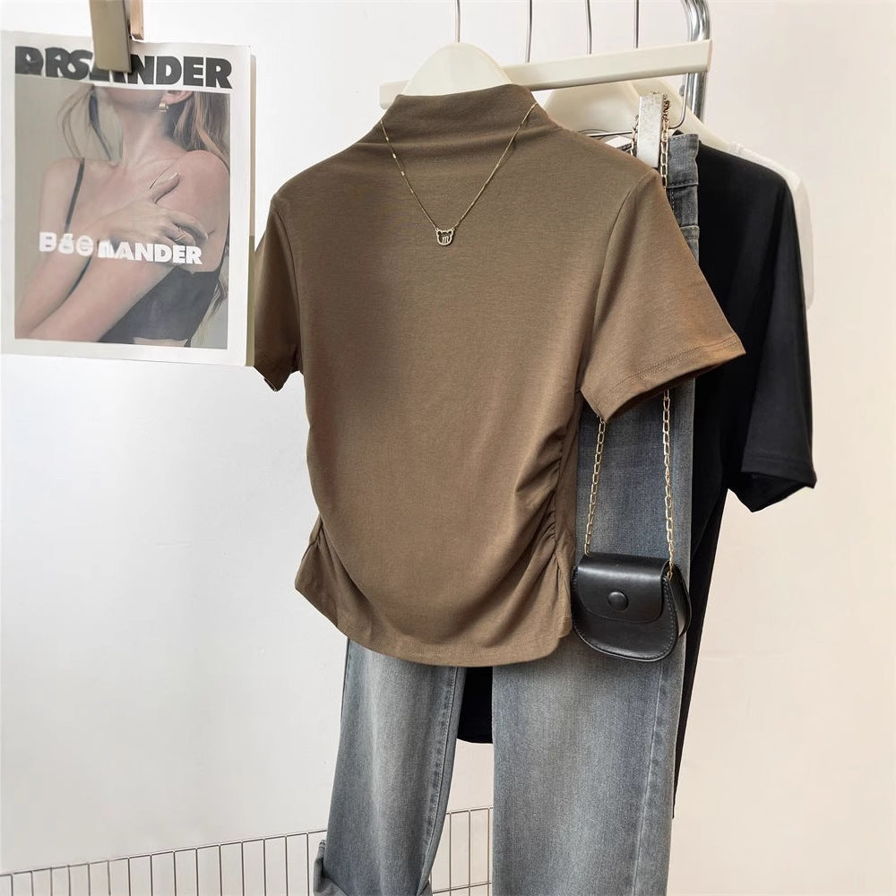 Women fitted T-shirt with stand-up collar and sophisticated ruffle detail