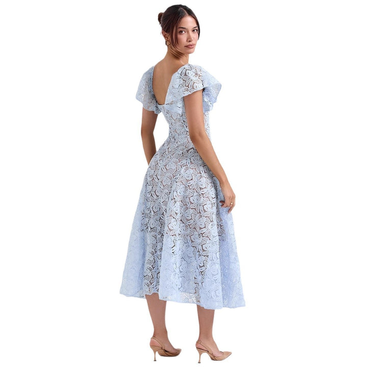 Women's Lace Dress with Voluminous Ruffle Sleeves and Flared Skirt
