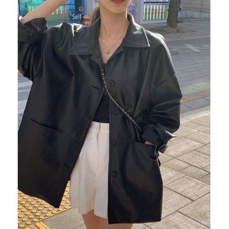 Women's fashionable long jacket made of high-quality artificial leather with practical pockets and a casual cut Lisslune