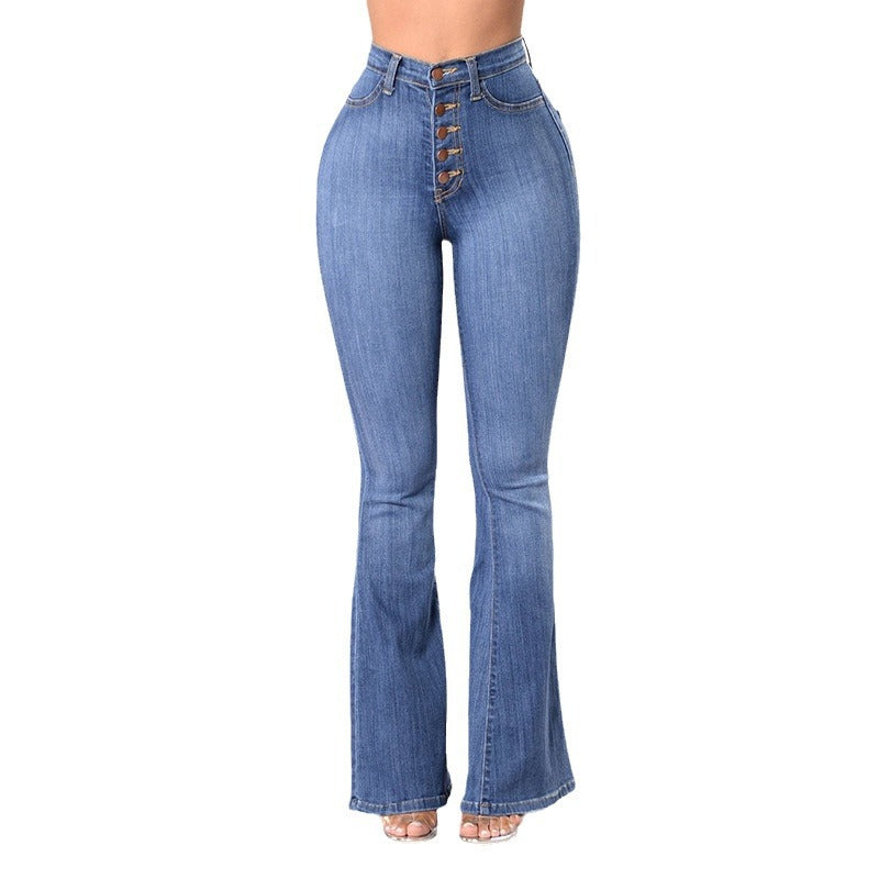 Women High-Waist Flared Jeans with decorative button details and elastic waistband Lisslune
