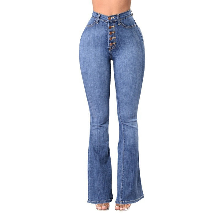 Women High-Waist Flared Jeans with decorative button details and elastic waistband Lisslune