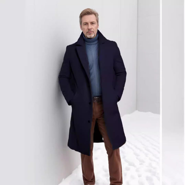 Men's elegant long coat with textured outer material and practical pockets Lisslune