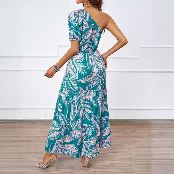 Women's maxi dress in asymmetrical design with floral pattern and wrap belt Lisslune