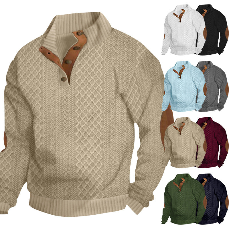 Men's knit sweater with innovative stand-up collar and modern leather appliqués Lisslune