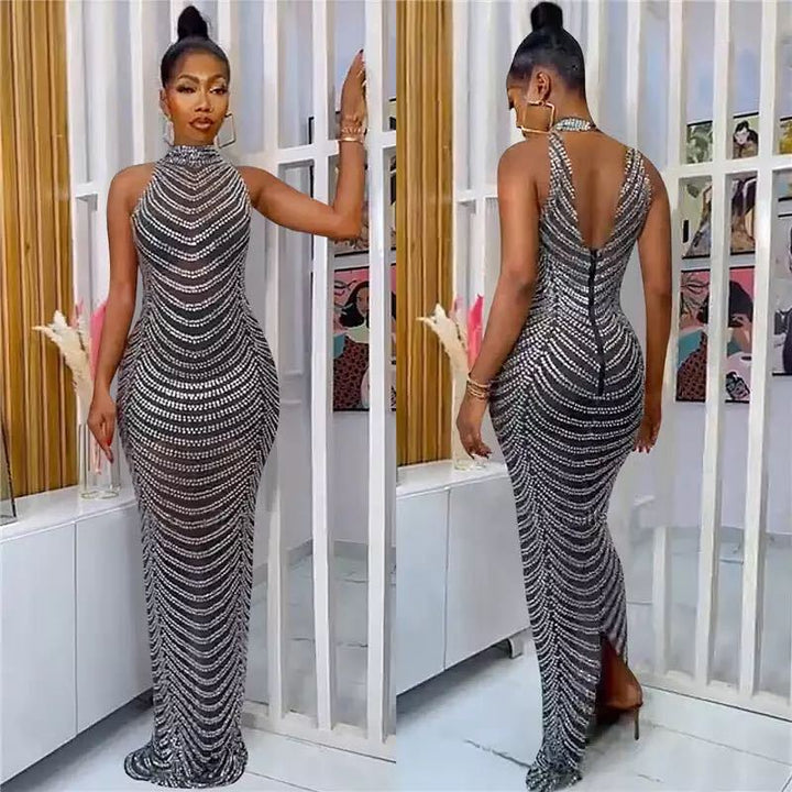 Ladies Glamorous Sequin Maxi Dress with Fitted Cut and Chic Back Cutout