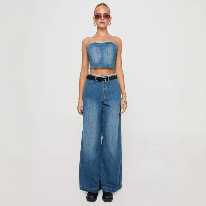 Damen weite Denim-Jeans mit hohem Bund und fransigem Saum Lisslune