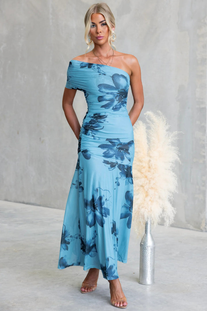Women's Off-Shoulder Maxi Dress with Floral Accents and Ruffled Design