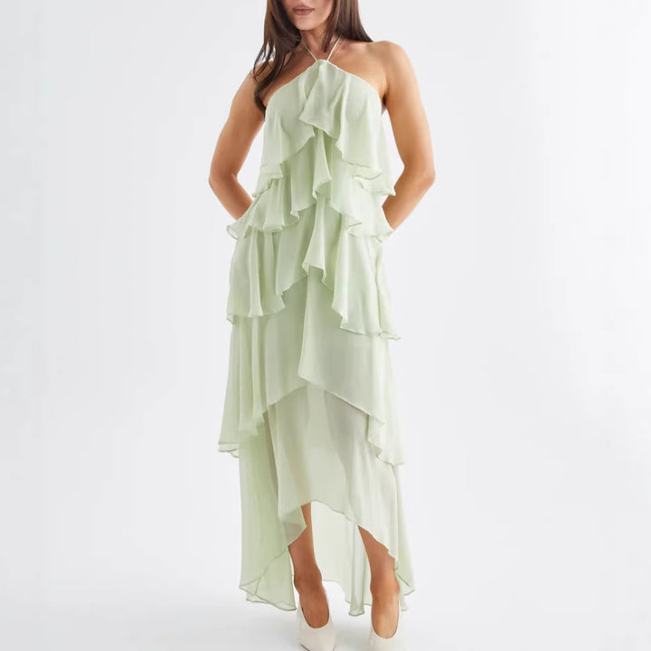 Women's Airy Chiffon Maxi Dress with Ruffle Details and Elegant Halter Neck Lisslune