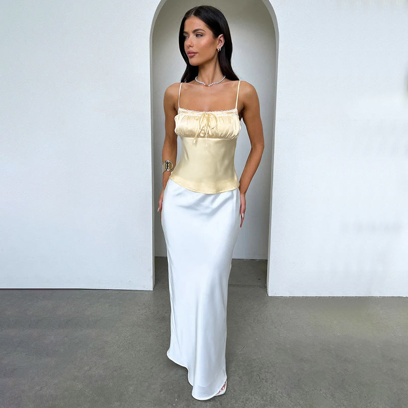 Ladies satin camisole with adjustable spaghetti straps and lace trim Lune London