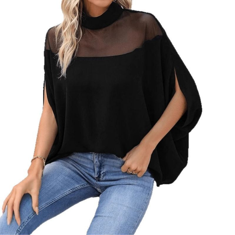Ladies Fashion Tunic with Transparent Inserts and High Collar Lisslune