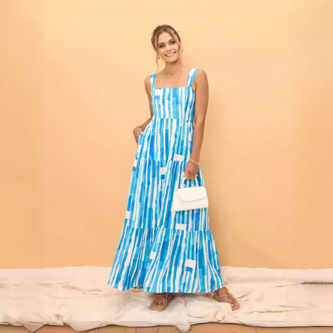 Ladies' maxi dress with adjustable straps and unique striped pattern Lune London